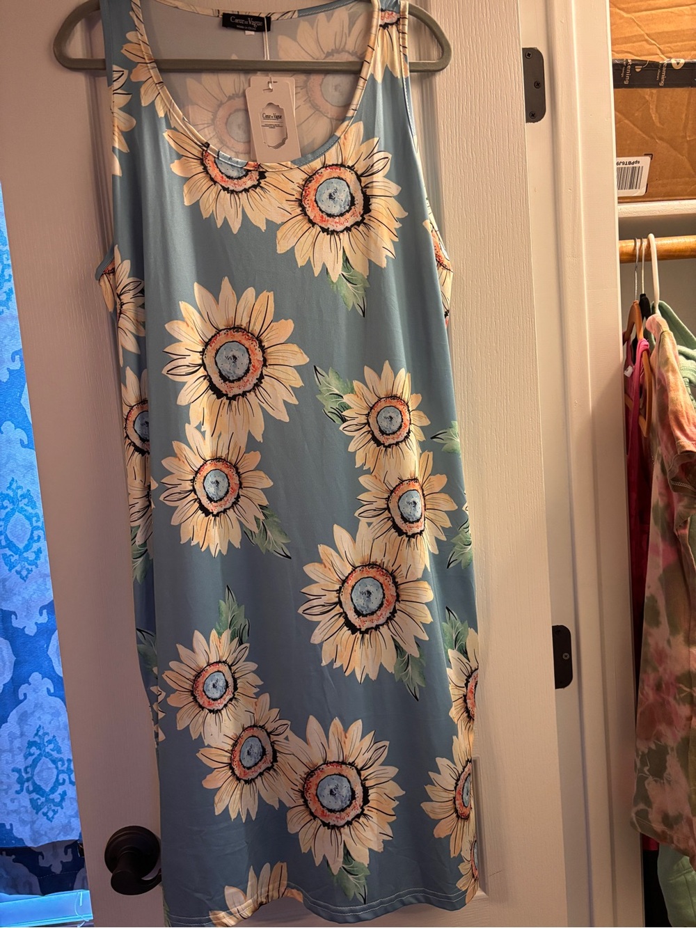 Sunflower Print Sleeveless Midi Dress in Light Blue
